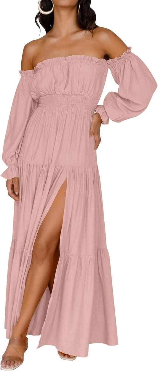 ZESICA Women's 2025 Boho Sexy Off Shoulder Long Sleeve Smocked High Waist Side Split Flowy A Line Tiered Long Maxi Dress