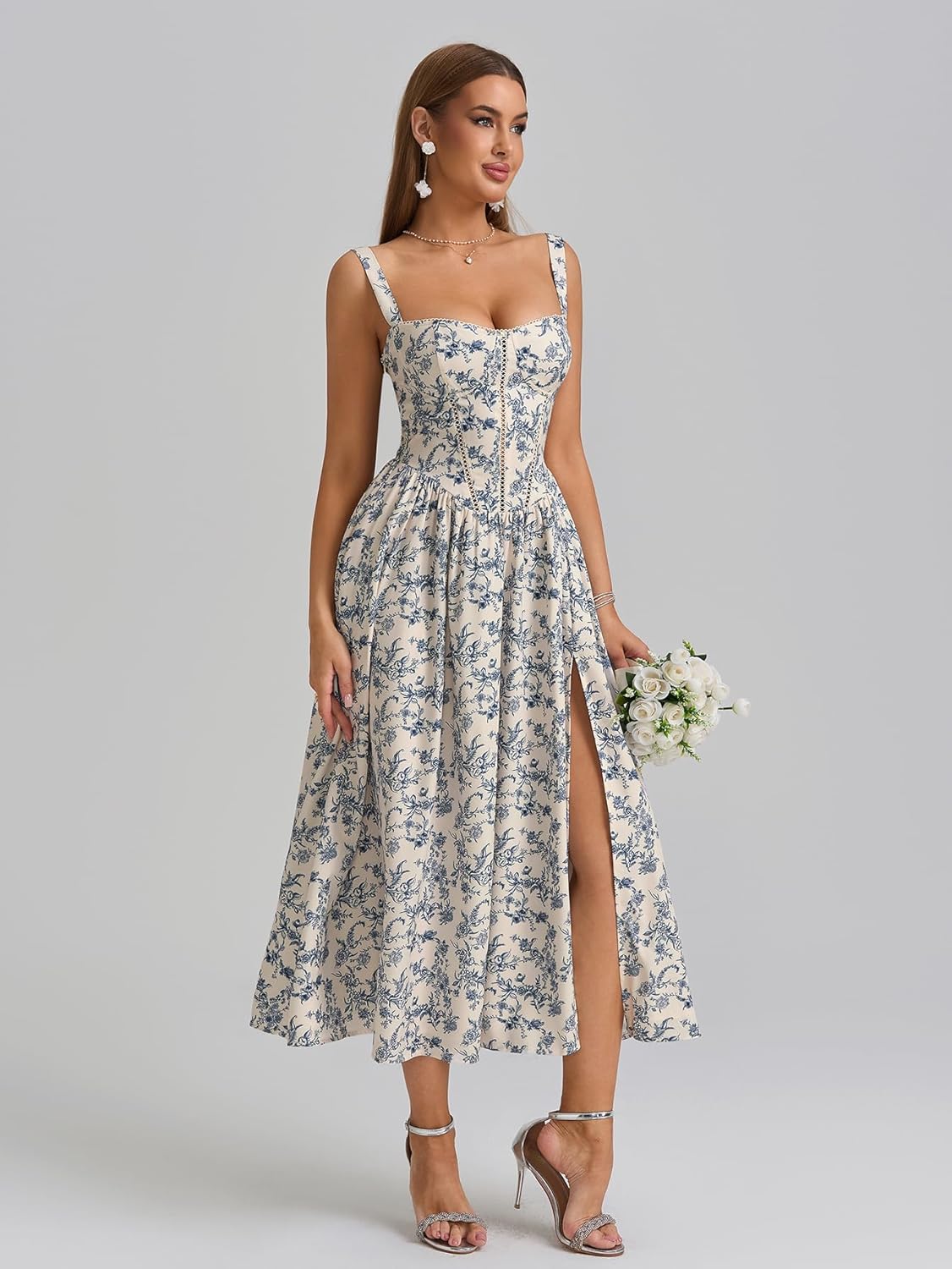 KUTUMAI Floral Corset Midi Dress Flowy Slit Summer Spring Wedding Guest Dresses for Women Sundress with Pockets