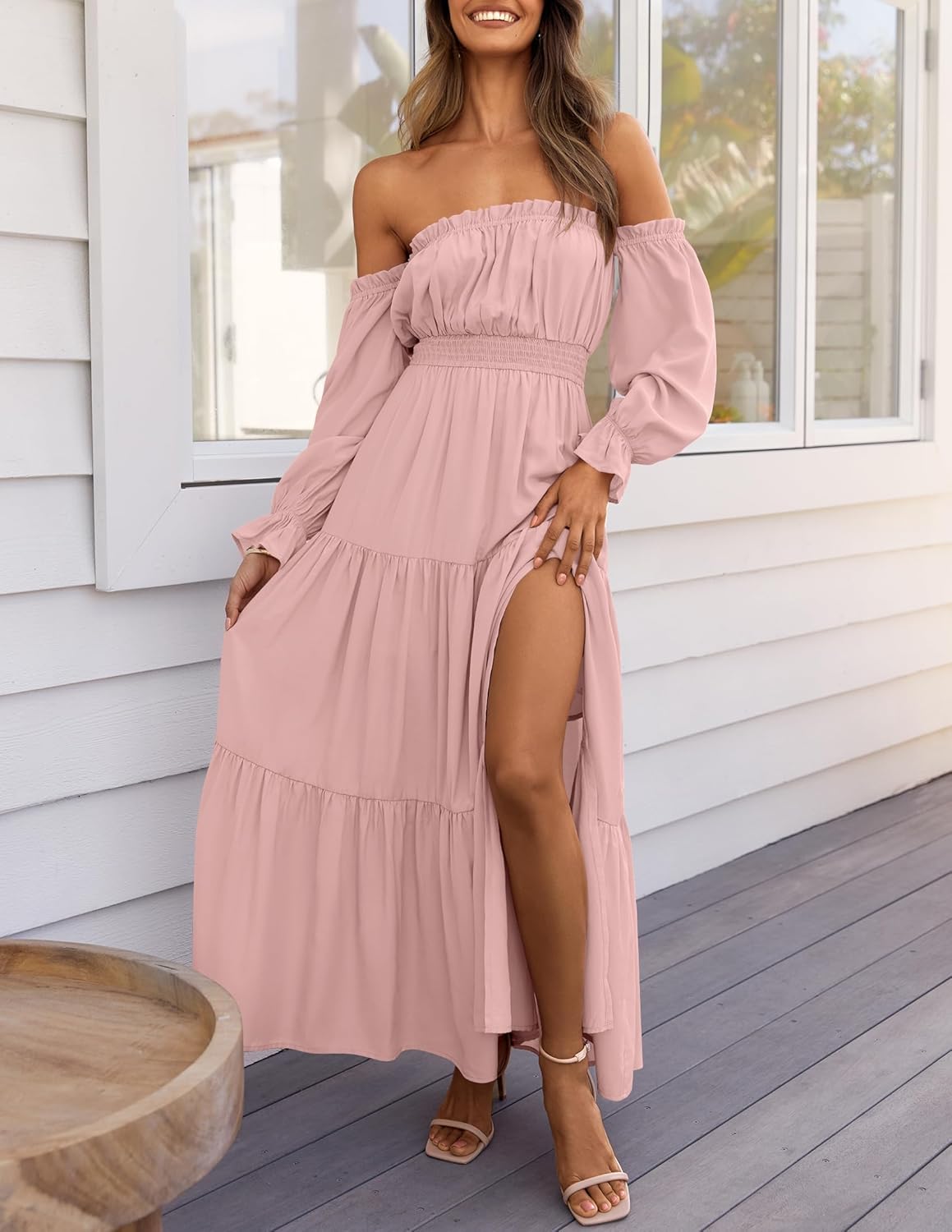 ZESICA Women's 2025 Boho Sexy Off Shoulder Long Sleeve Smocked High Waist Side Split Flowy A Line Tiered Long Maxi Dress
