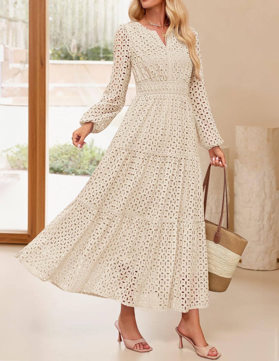 ZESICA Women's 2025 Fall Long Sleeve Maxi Dress V Neck Hollow Out Eyelet A Line Long Flowy Casual Party Dresses