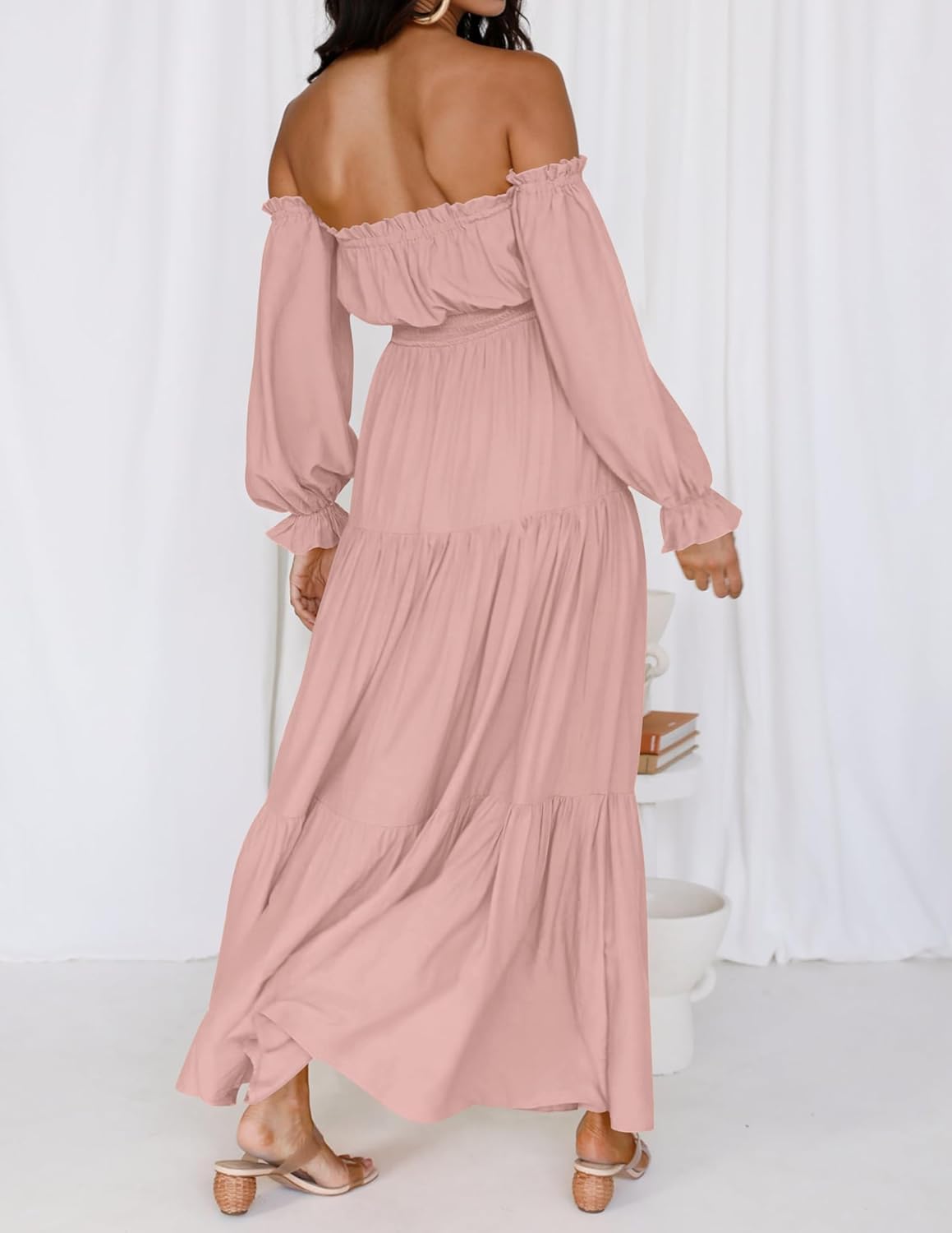 ZESICA Women's 2025 Boho Sexy Off Shoulder Long Sleeve Smocked High Waist Side Split Flowy A Line Tiered Long Maxi Dress