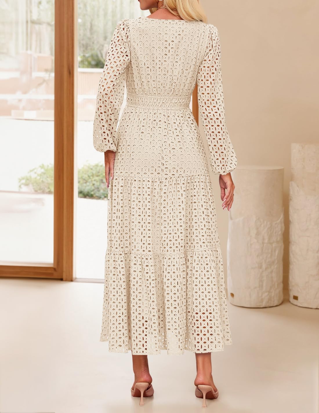 ZESICA Women's 2025 Fall Long Sleeve Maxi Dress V Neck Hollow Out Eyelet A Line Long Flowy Casual Party Dresses