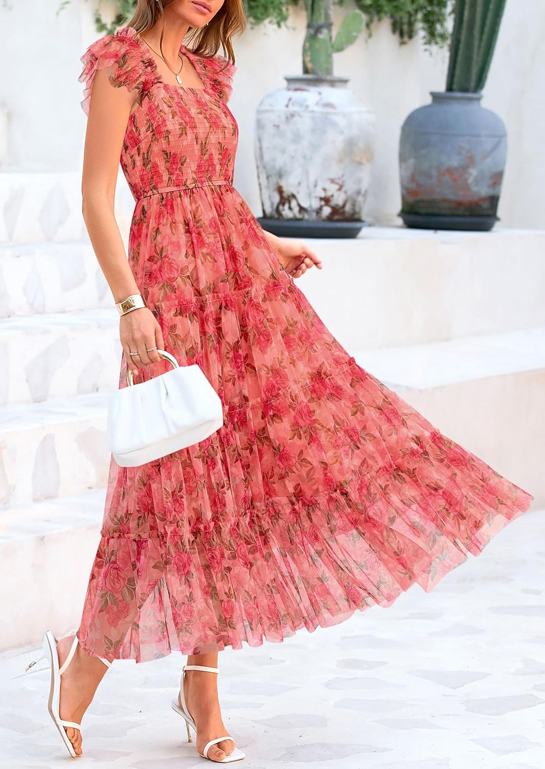 PRETTYGARDEN Women's Summer Tulle Midi Dress Sleeveless Smocked Ruffle Mesh Flowy Dresses Party Wedding Guest Sundress