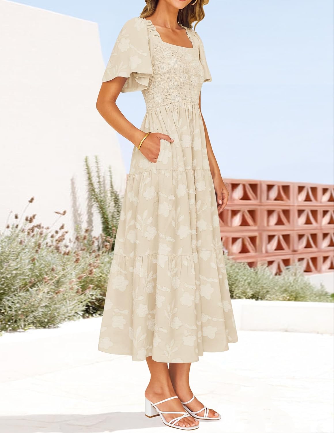 ZESICA Women‘s Summer Boho Floral Midi Dress 2025 Casual Short Sleeve Square Neck Flowy Beach Vacation Long Dress