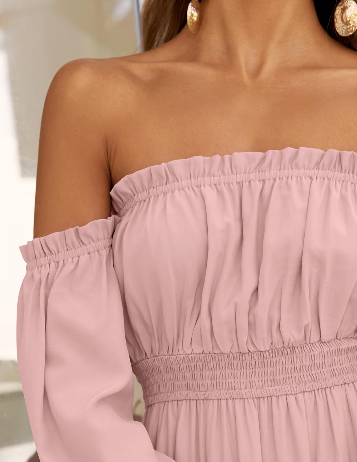ZESICA Women's 2025 Boho Sexy Off Shoulder Long Sleeve Smocked High Waist Side Split Flowy A Line Tiered Long Maxi Dress