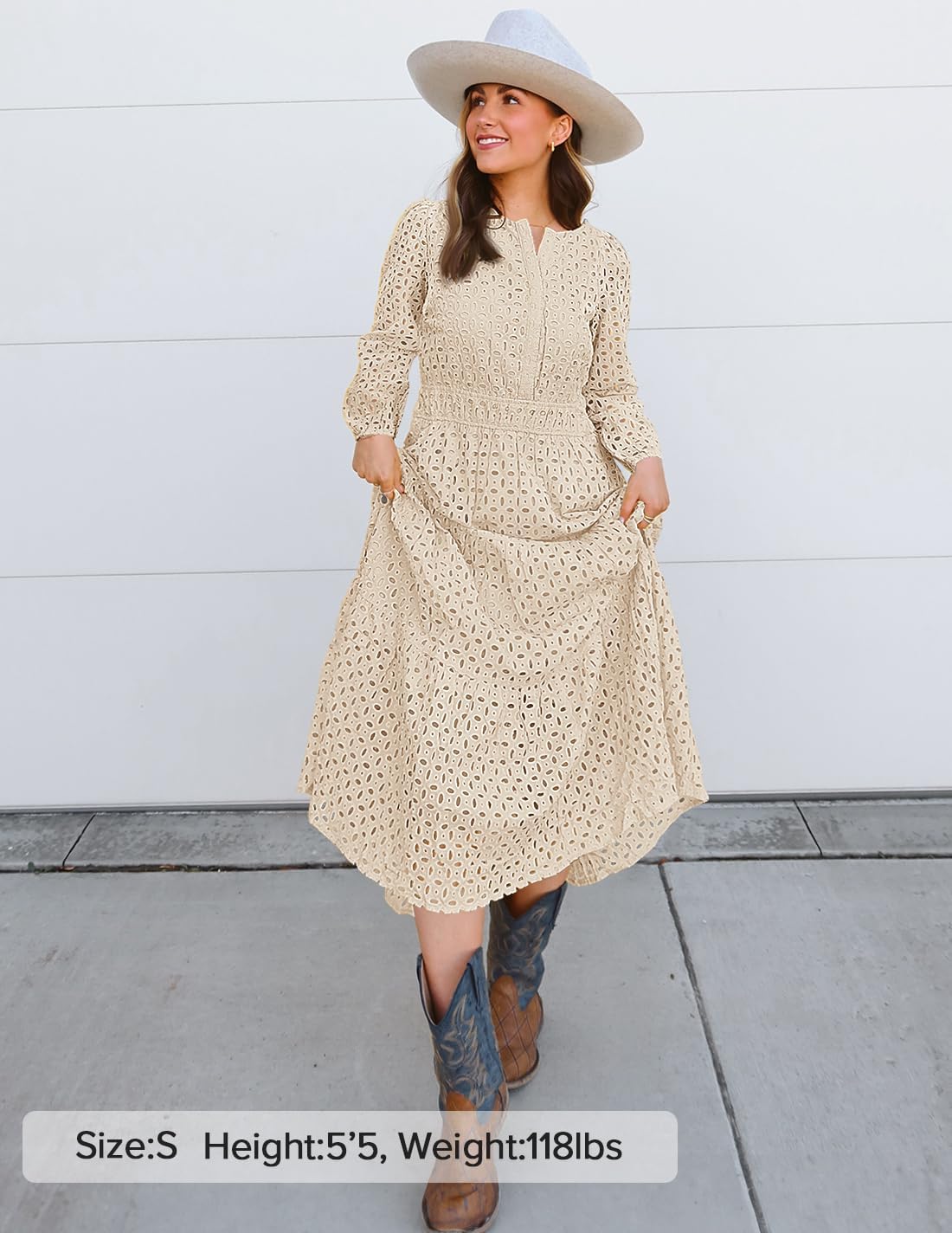 ZESICA Women's 2025 Fall Long Sleeve Maxi Dress V Neck Hollow Out Eyelet A Line Long Flowy Casual Party Dresses