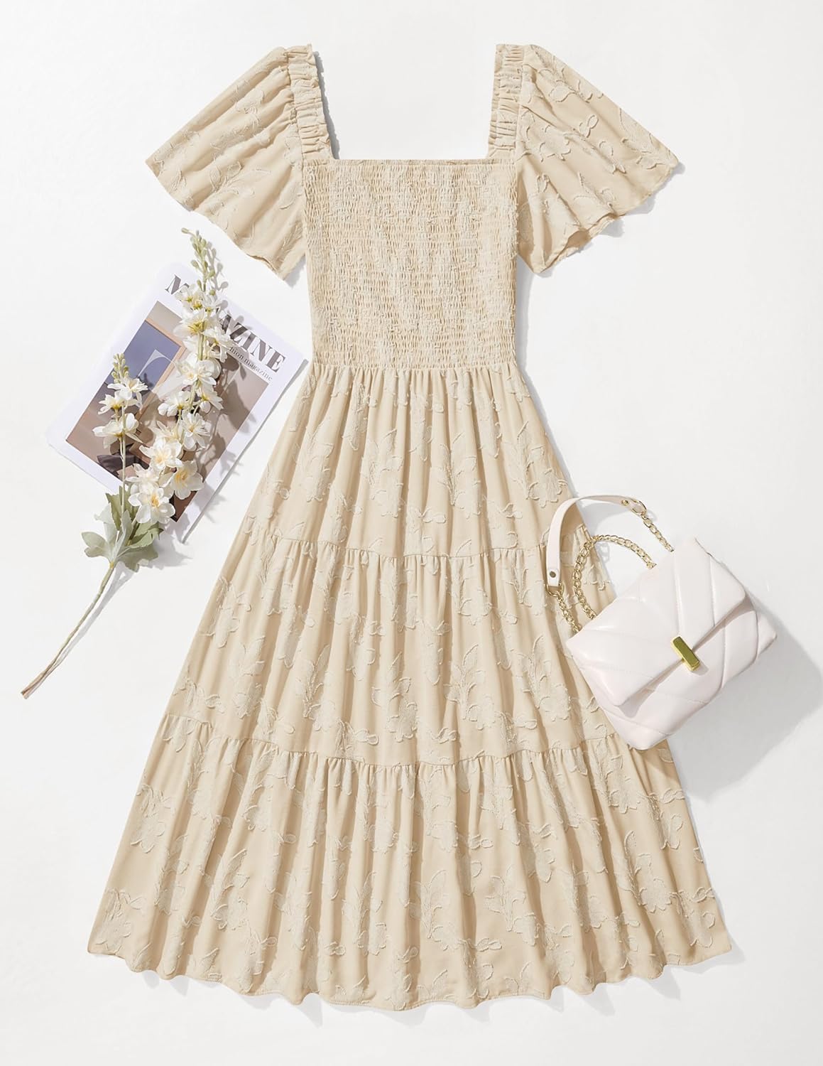 ZESICA Women‘s Summer Boho Floral Midi Dress 2025 Casual Short Sleeve Square Neck Flowy Beach Vacation Long Dress